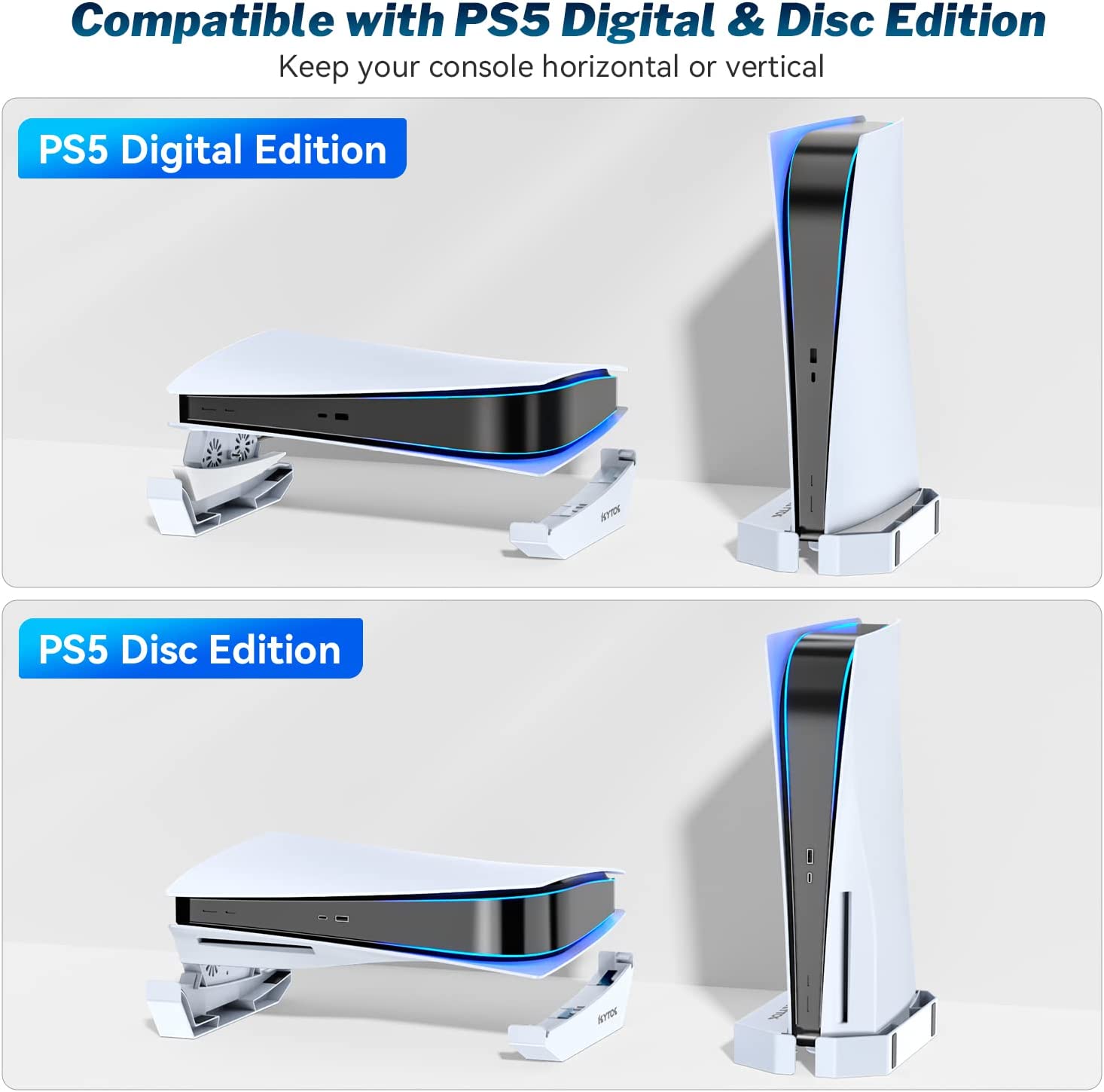 Kytok PS5 Stand with Silent Cooling Fan, Upgraded Vertical & Horizontal PS5 Cooling Station Stand for PS5 Disc & Digital Editions Console, PS5 Accessories Cooler Stand with USB Cable-White Reasonable Price