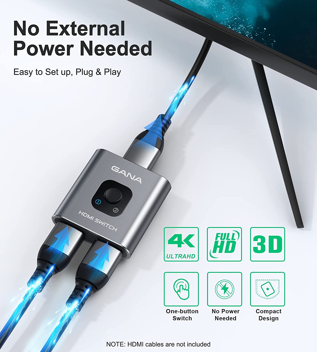 HDMI Switch 4k@60hz Splitter, GANA Aluminum Bidirectional HDMI Switcher 2 in 1 Out, Manual HDMI Hub Supports HD Compatible with Xbox PS5/4/3 Blu-Ray Player Fire Stick Roku (1 Display at a Time) Reasonable Price
