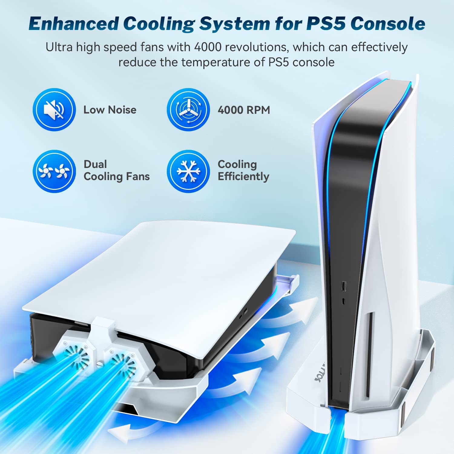 Kytok PS5 Stand with Silent Cooling Fan, Upgraded Vertical & Horizontal PS5 Cooling Station Stand for PS5 Disc & Digital Editions Console, PS5 Accessories Cooler Stand with USB Cable-White Cheapest Price