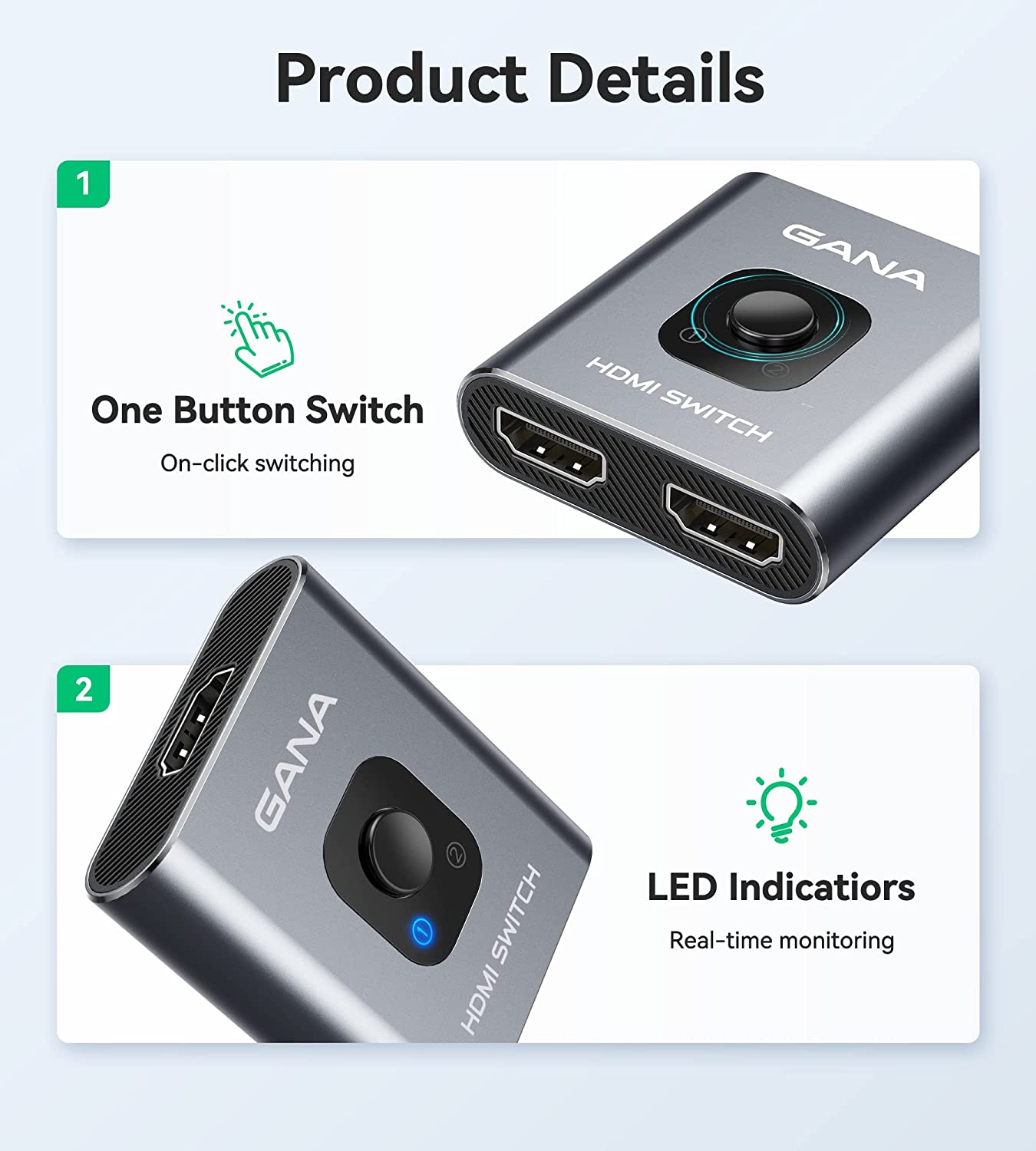 HDMI Switch 4k@60hz Splitter, GANA Aluminum Bidirectional HDMI Switcher 2 in 1 Out, Manual HDMI Hub Supports HD Compatible with Xbox PS5/4/3 Blu-Ray Player Fire Stick Roku (1 Display at a Time) Reasonable Price