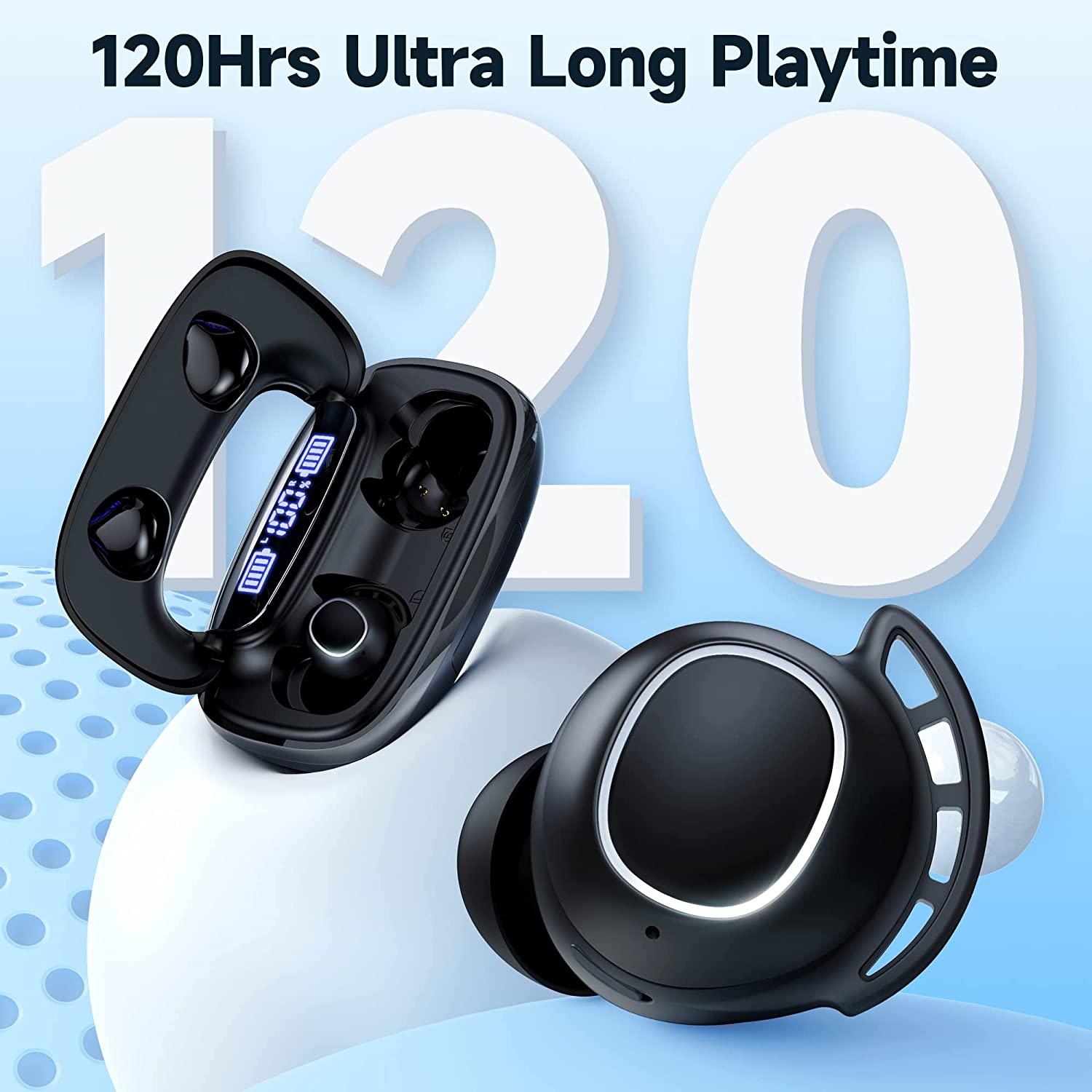 Wireless Earbuds Bluetooth Headphones 120H Playtime IPX7 Waterproof in-Ear Earphones Power Display Ear Buds with Mic and 2600mAh Charging Case for Sports Workout Laptop TV Computer Phone Gaming Black Cheapest Price