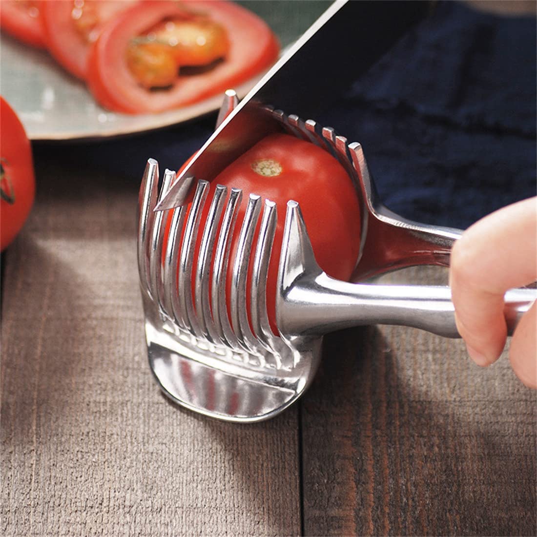 InfantLY Bright Kitchen Gadgets Handy Stainless Steel Onion Holder Potato Tomato Slicer Vegetable Fruit Cutter Safety Cooking Tools Accessories Reasonable Price